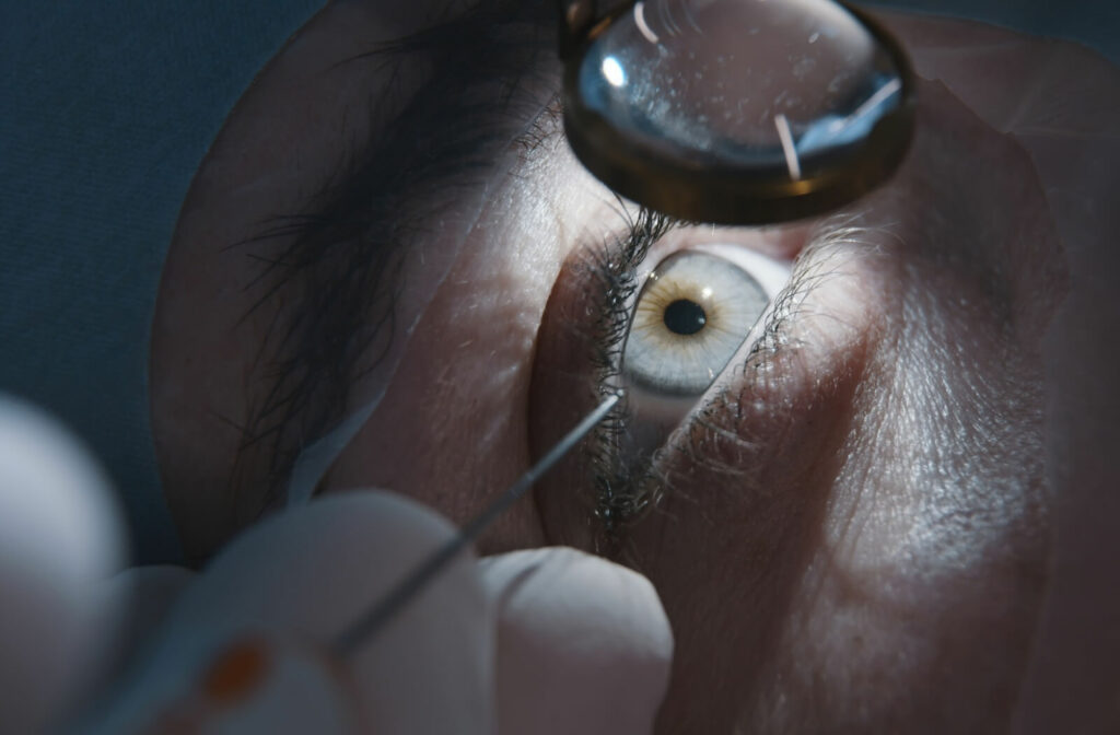 A close up of a woman's eye just before undergoing laser eye surgery.