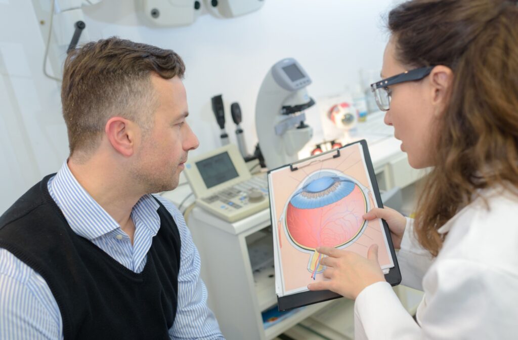 An eye doctor uses a picture of any eyeball and optic nerve to explain to their patient how glaucoma can affect their eye health.