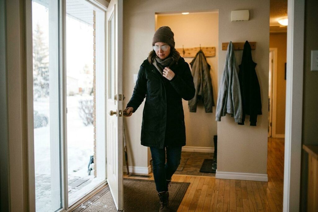 A person in a winter coat, beanie, and scarf entering through a front door into a home entryway with coats on hooks.
