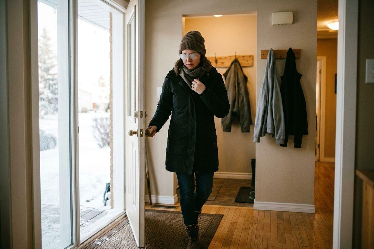 A person in a winter coat, beanie, and scarf entering through a front door into a home entryway with coats on hooks.