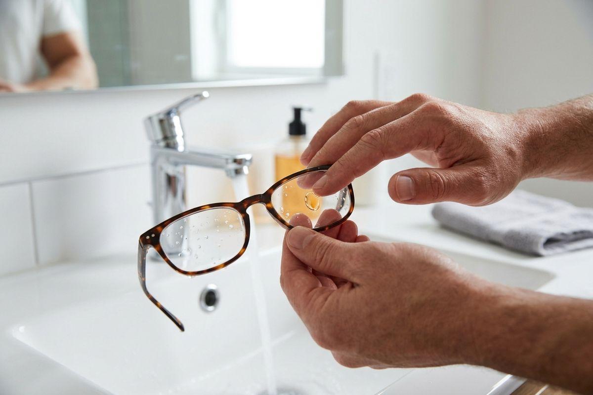 Hands cleaning tortoiseshell eyeglasses over a bathroom sink with running water, a soap dispenser and a towel nearby.