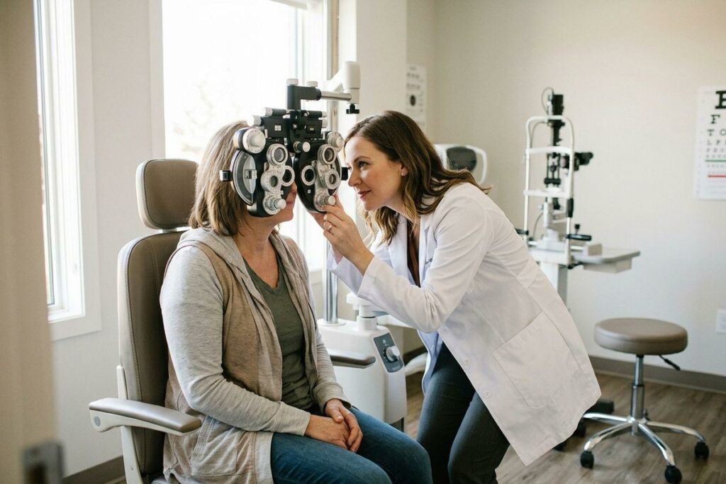Optometrist examining a seated patient through a phoropter during an eye exam, with an eye chart on the wall.