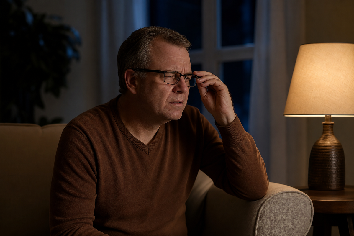 Person adjusting glasses, looking concerned, seated on a couch beside a lit lamp in a dimly lit room at night.