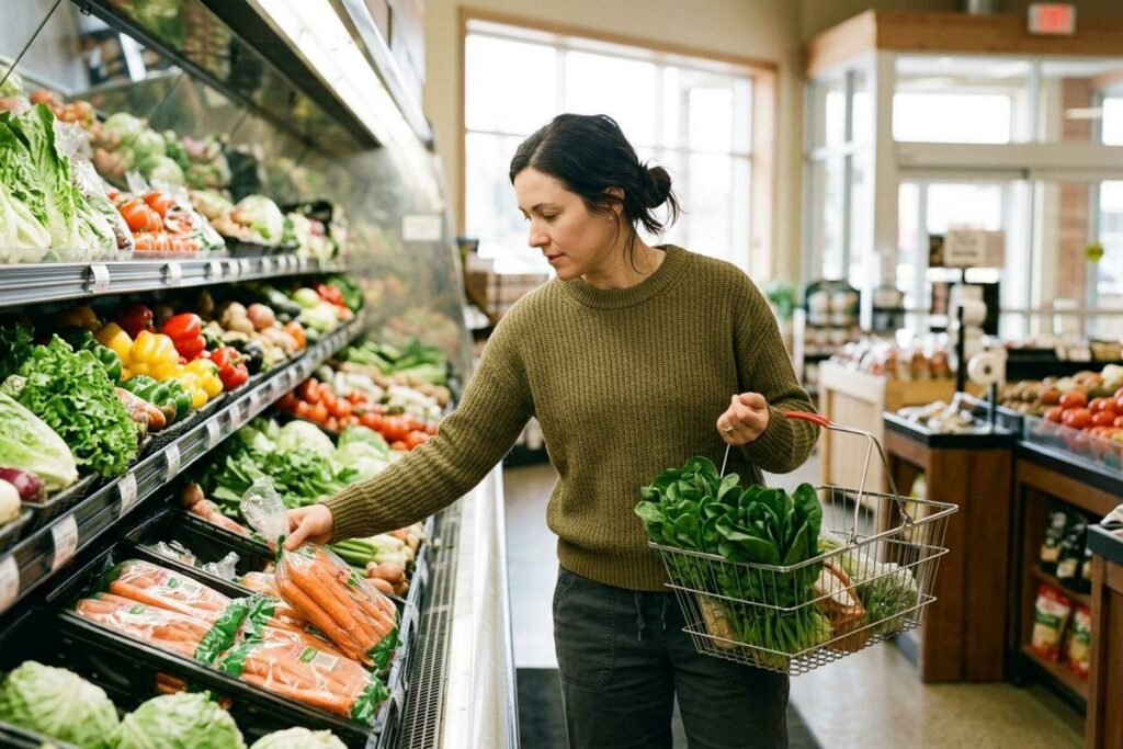 Person holding a shopping basket of leafy greens reaches for a bag of carrots in a grocery store produce aisle.