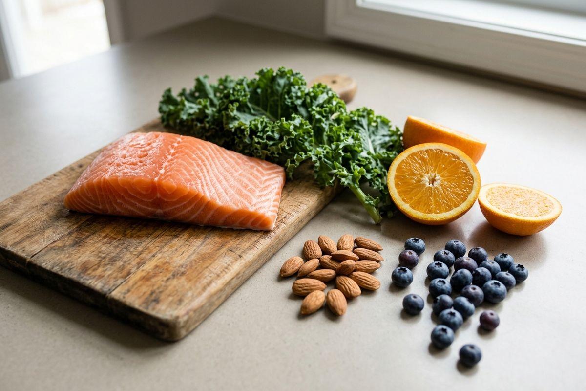 Raw salmon fillet and kale on a wooden cutting board, with almonds, blueberries, and halved oranges on a kitchen counter.
