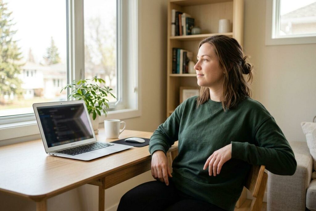 Adult sitting at a home desk with an open laptop, gazing thoughtfully out a window, with a bookshelf and plant visible nearby.