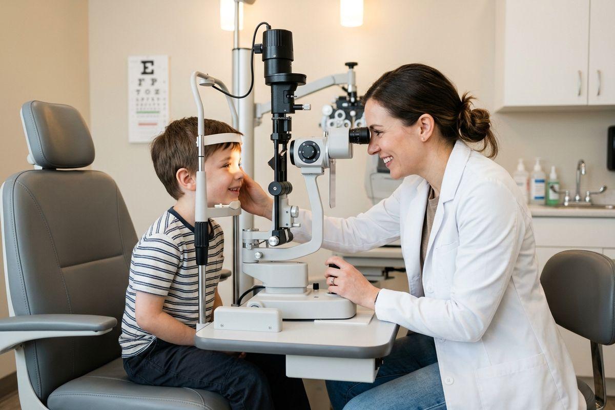 Smiling optometrist examines a child's eye using a slit lamp in an eye exam room. Both appear relaxed and engaged.